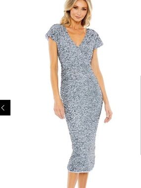 Mac Duggal Silver Sequin V-Neck Midi Dress
